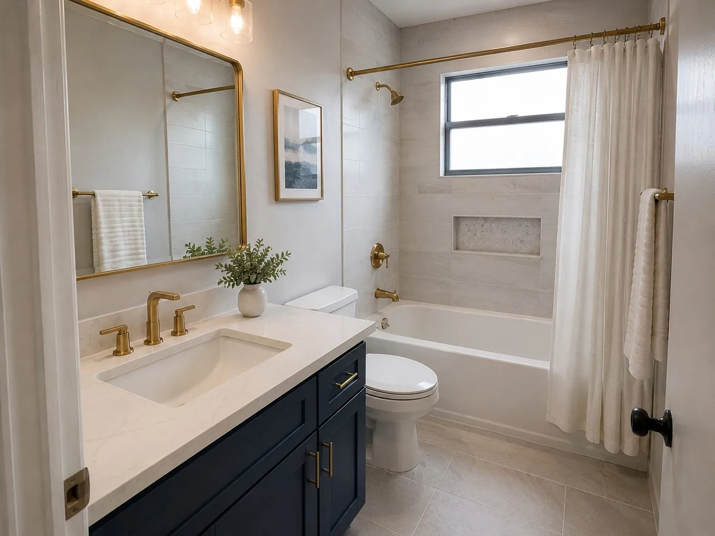 Finished bathroom with navy vanity, gold fixtures and new tile
