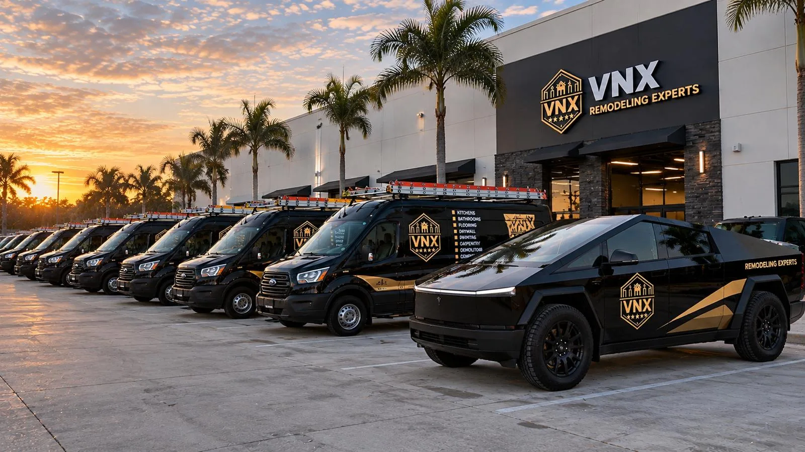 VNX Remodeling Experts fleet of branded vans and truck in front of the Tampa office at sunset