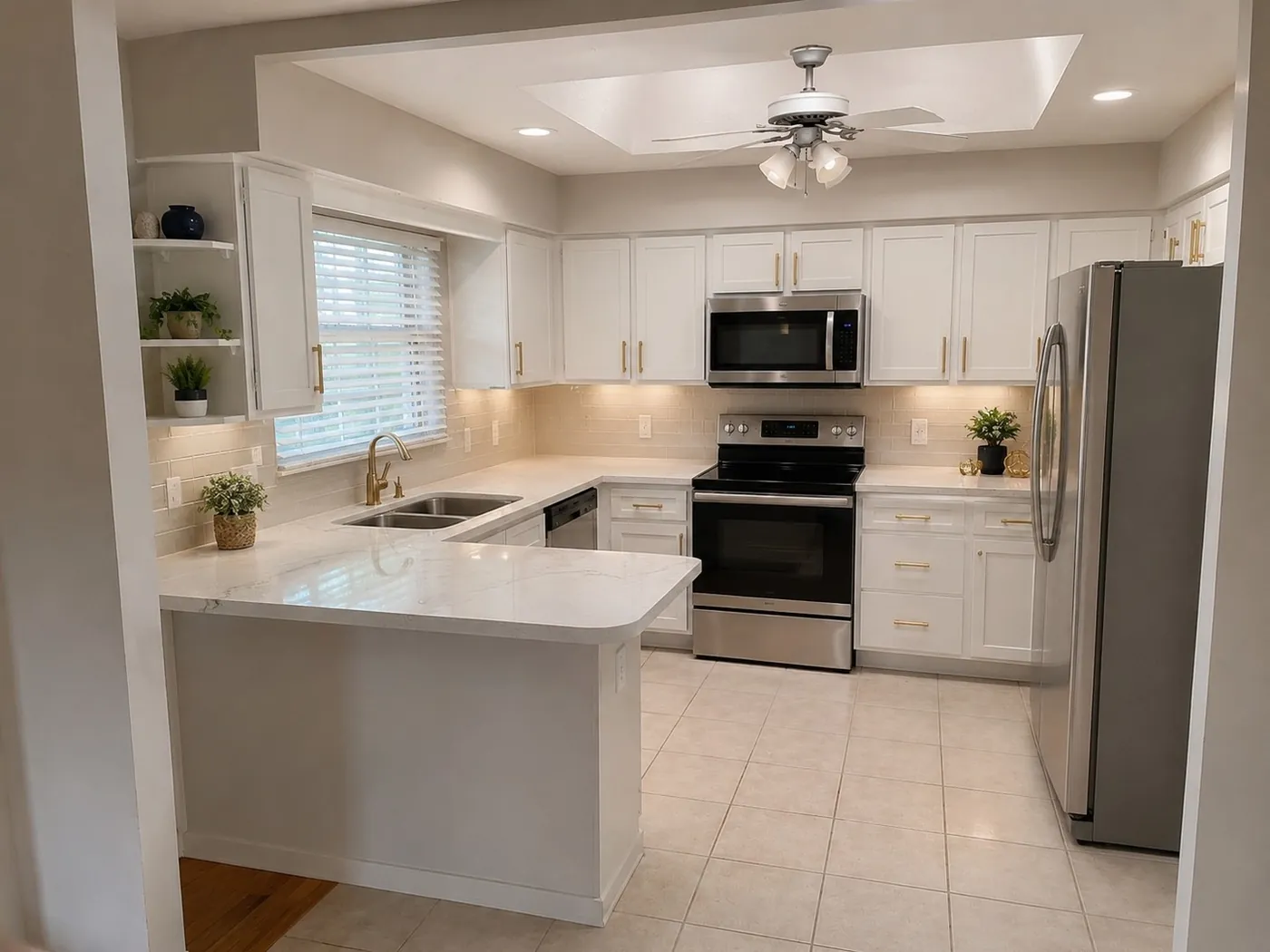 Finished kitchen with white cabinets, quartz counters and stainless appliances