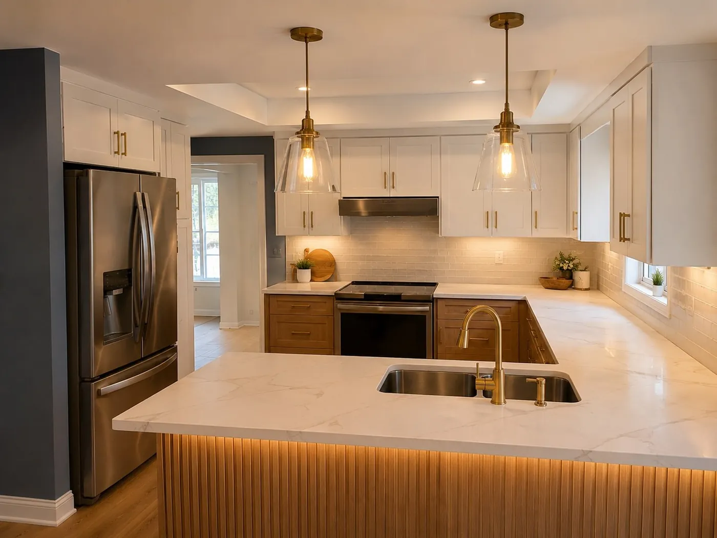 Open plan kitchen and dining area after a full home remodel