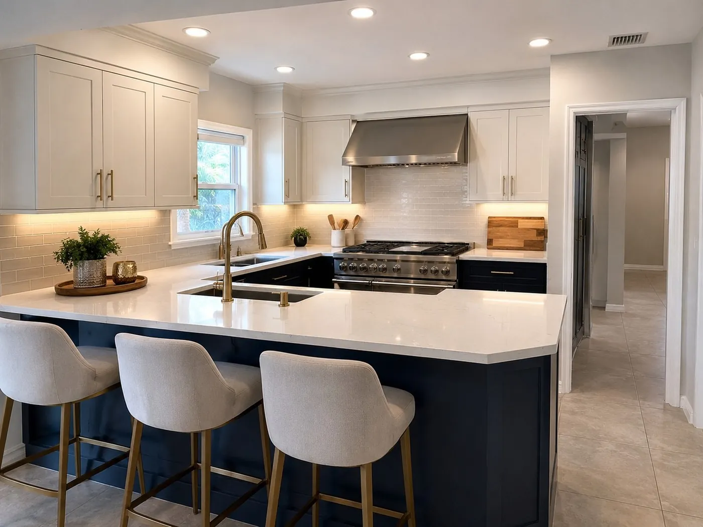 Modern kitchen remodel with navy island and white cabinetry