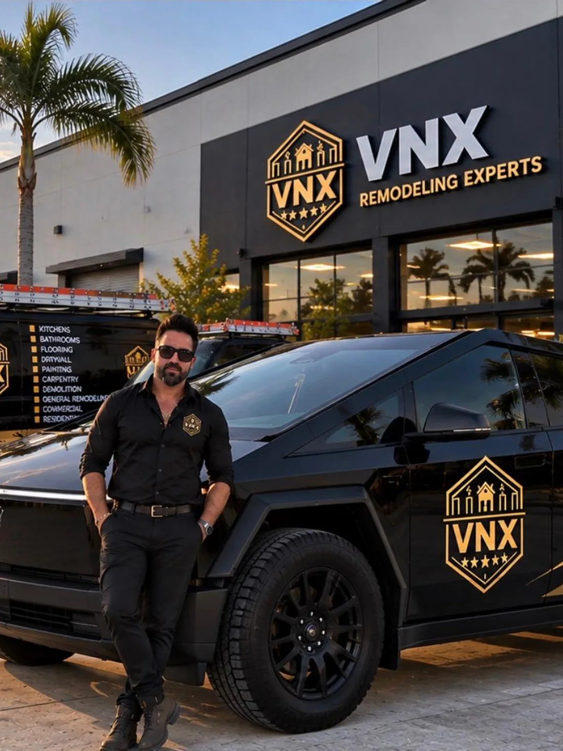 Vanderson, founder of VNX Remodeling Experts, in front of the VNX office with the branded truck and van