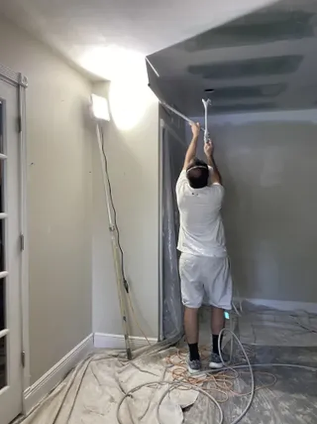 VNX painter spraying an interior accent wall with floors fully protected