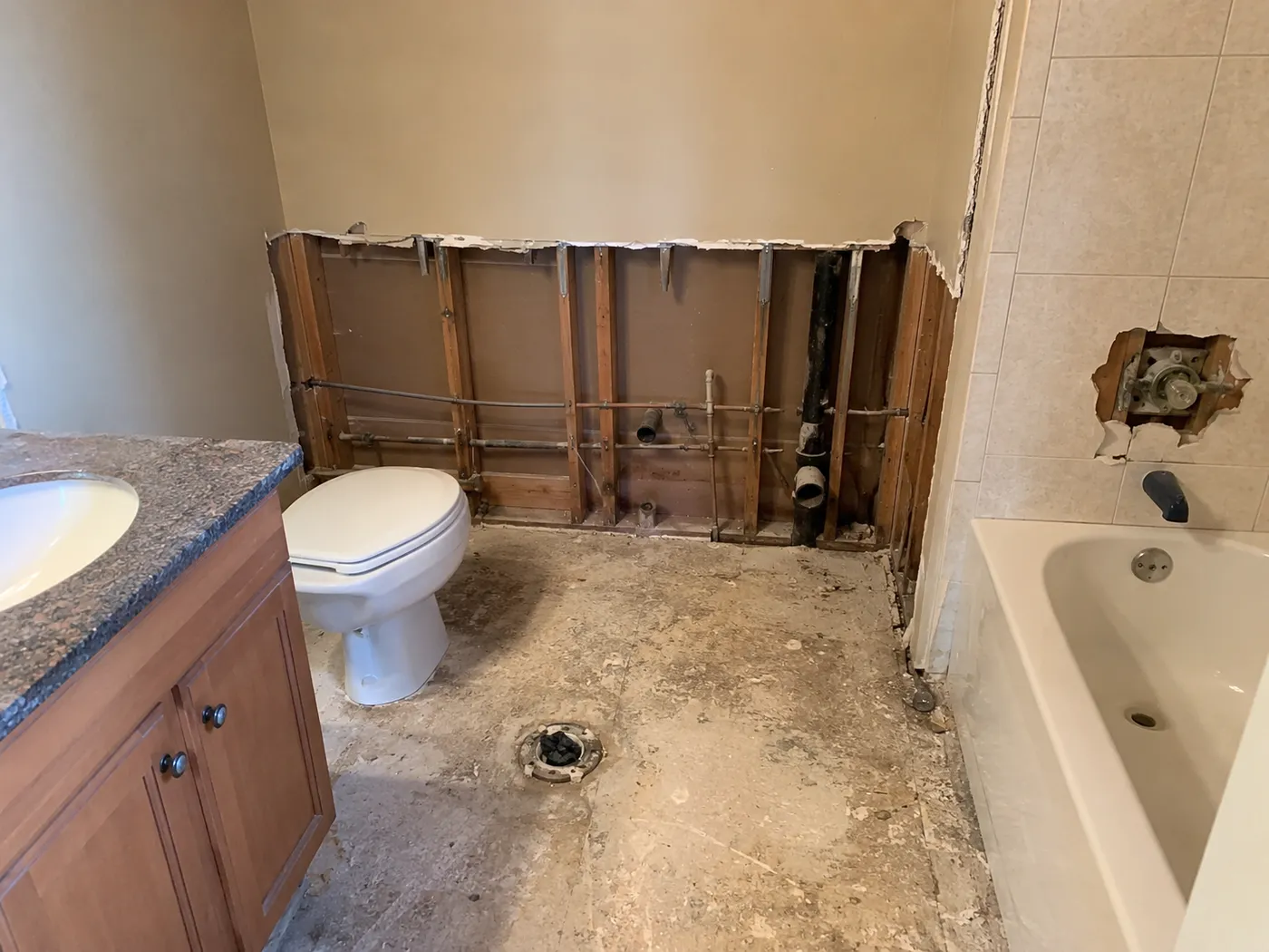 Bathroom Floor and Plumbing, before the remodel